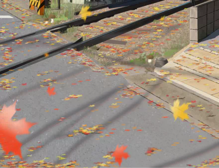 HD anime desktop wallpaper featuring autumn leaves scattered across railroad tracks, capturing the serene atmosphere of fall in an original anime-style illustration.