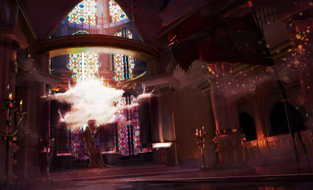 Anime original HD PC desktop wallpaper/background: grand stained-glass cathedral interior building with a floating glowing spirit, gothic arches, candlelight and dramatic rays.