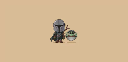 Minimalist 4K Ultra HD wallpaper featuring The Mandalorian and Baby Yoda from the Star Wars TV show The Mandalorian on a plain beige background.