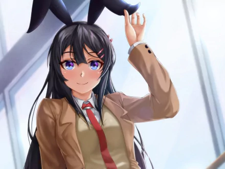 HD PC desktop wallpaper featuring Mai Sakurajima from the anime Rascal Does Not Dream of Bunny Girl Senpai, showcasing her in a school uniform with bunny ears.