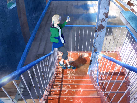 Anime original HD PC desktop wallpaper of a blonde girl on sunlit, rusted metal stairs with blue railings and puddles, snapping a photo from above.