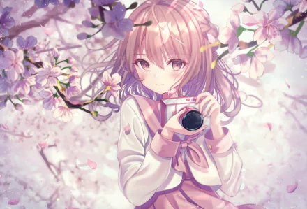 Anime-style HD PC desktop wallpaper featuring a girl with pink hair holding a camera, surrounded by blooming cherry blossoms in soft pastel tones.