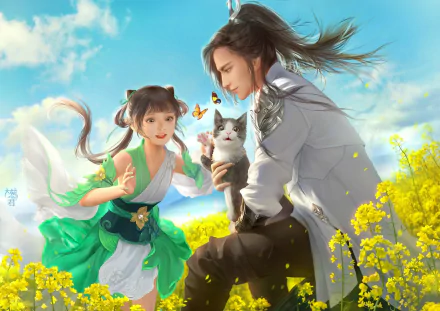 Anime-style HD PC wallpaper featuring a girl and a boy with an anime cat in a vibrant rapeseed field, accompanied by fluttering butterflies under a bright sky.