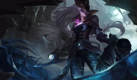 Diana (League of Legends) in moonlit armor with a glowing crescent blade, standing amid ruins — HD PC desktop wallpaper/background, video game art from League of Legends.