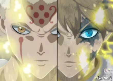 Split HD desktop wallpaper of Lemiel Silvamillion Clover and Licht (Black Clover), intense stares with glowing yellow magic, red facial markings and a bright blue eye.