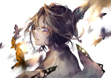 A captivating HD desktop wallpaper featuring Shinobu Kochou from *Demon Slayer: Kimetsu no Yaiba*, surrounded by delicate butterflies, showcasing her ethereal beauty and strength.