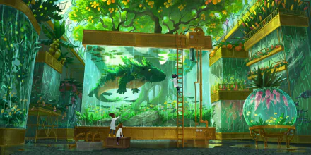 HD desktop wallpaper of a fantasy laboratory featuring an aquarium with a large, fantastical creature. The scene is vibrant with lush greenery, highlighting an imaginative and whimsical atmosphere.