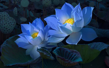 HD desktop wallpaper featuring two vibrant blue lotus flowers against a dark, leafy background, highlighting nature’s beauty.