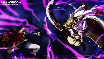 Epic 8K Ultra HD One Piece wallpaper featuring Edward Newgate and Gol D. Roger clashing amidst vibrant purple lightning effects.