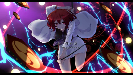 HD PC desktop wallpaper of Raiko Horikawa (Touhou): red-haired girl with a large white bow crouching amid floating taiko drums and electric blue lightning on a vivid anime background.
