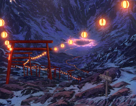 Anime-style HD desktop wallpaper showing a snowy mountain lake scene with glowing lanterns, a red temple torii gate, and a wooden sign under soft snowfall at night.