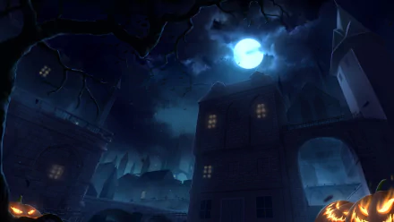 HD anime-style original desktop wallpaper depicting a spooky night scene with glowing pumpkins, silhouetted buildings, and a bright full moon in a dark, eerie atmosphere.