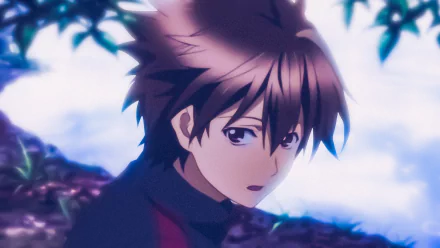 HD PC desktop wallpaper of Shu Ouma from Guilty Crown — an anime close-up of him looking contemplative against a soft-focus outdoor background.