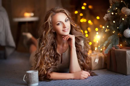HD PC desktop wallpaper/background: brunette woman model with long hair and brown eyes, posed amid warm bokeh lights.