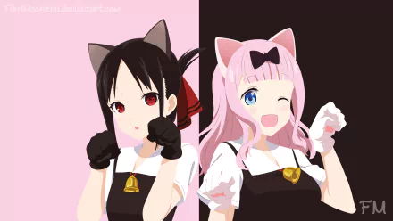 HD minimalist wallpaper featuring Kaguya Shinomiya and Chika Fujiwara from Kaguya-sama: Love is War anime, dressed as cat girls with a playful split background of pink and black.