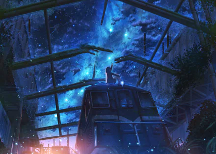 Anime HD wallpaper depicting a night scene with a starry sky above a train. It's an original artwork set as a desktop background showing a serene and mystical atmosphere.