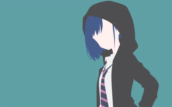 Minimalist 8K Ultra HD PC desktop wallpaper of Ichigo (Darling in the FranXX): hooded school uniform silhouette in flat anime colors against a teal background