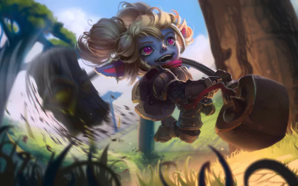 HD PC wallpaper of Poppy (League of Legends): energetic yordle warrior leaping with her hammer through a sunlit forest — vibrant video game desktop background.