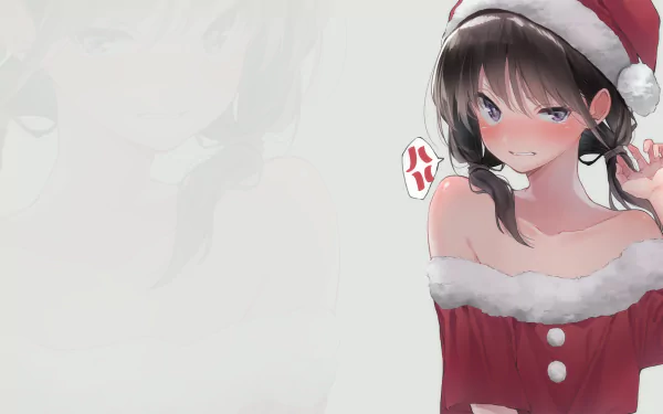HD anime Christmas desktop wallpaper featuring a blushing girl in a Santa outfit with a playful expression against a soft, light background.