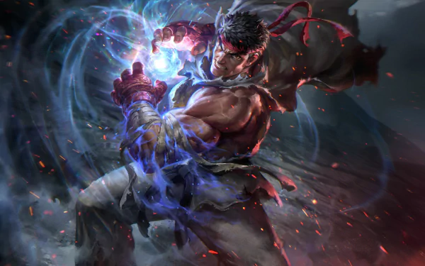 HD PC desktop wallpaper featuring Ryu from the Street Fighter video game series, showcasing his iconic Hadouken energy attack in dynamic motion.
