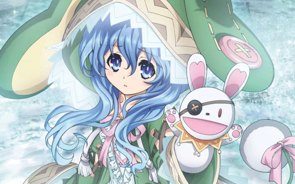 Yoshino (Date A Live) anime HD PC desktop wallpaper: blue‑haired Yoshino in a green hooded cloak holding her rabbit puppet, pastel textured background — Date A Live artwork.