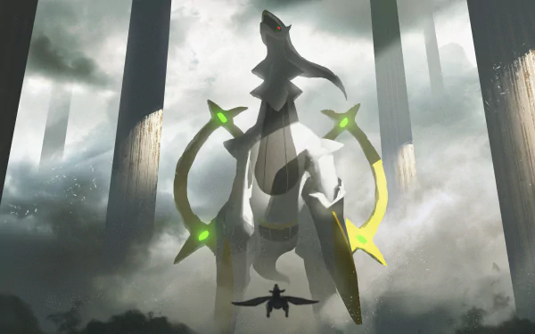 4K Ultra HD anime-style wallpaper featuring Arceus towering in a misty, ancient environment with Flygon flying below, capturing an epic Pokémon scene.