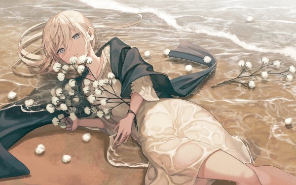 Anime Original Blonde Beach Flower HD Wallpaper | Background Image
