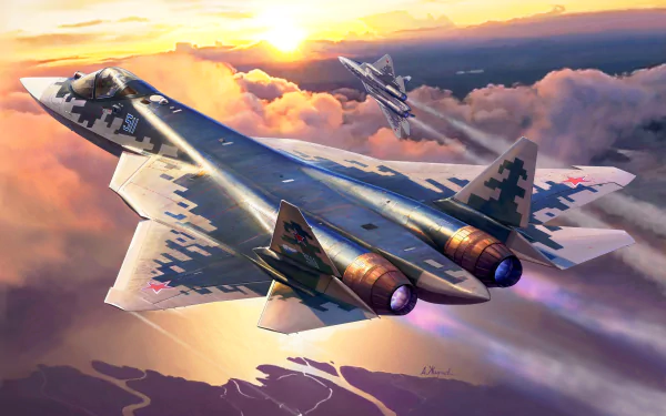 Sukhoi Su-57 warplane jet fighters sweep above glowing clouds at sunset — military aircraft desktop wallpaper, 2K Quad HD PC background.