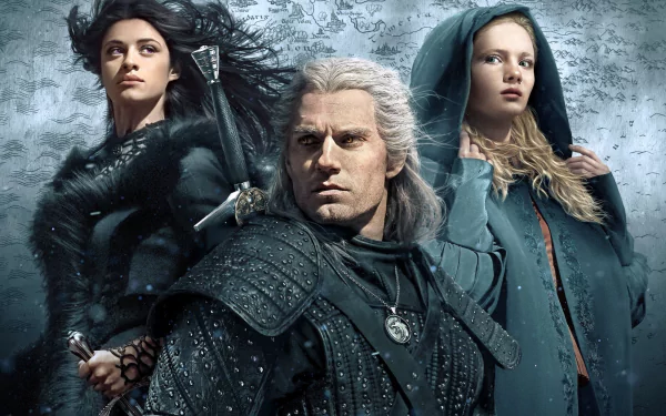 HD desktop wallpaper featuring characters Geralt of Rivia, Yennefer of Vengerberg, and Ciri from the TV show The Witcher, portrayed by Henry Cavill, Anya Chalotra, and Freya Allan.