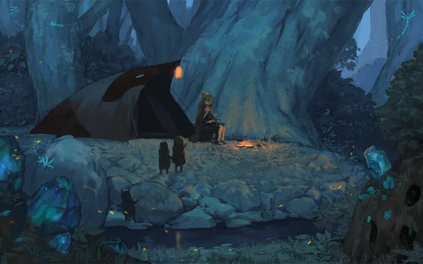 Anime-style HD desktop wallpaper depicting a peaceful night camp scene in a glowing forest with a tent, lantern, and characters gathered around a campfire.