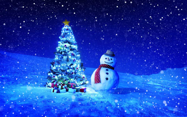 A festive HD wallpaper featuring a decorated Christmas tree with gifts, a cheerful snowman, and a snowy winter night, capturing the holiday spirit.
