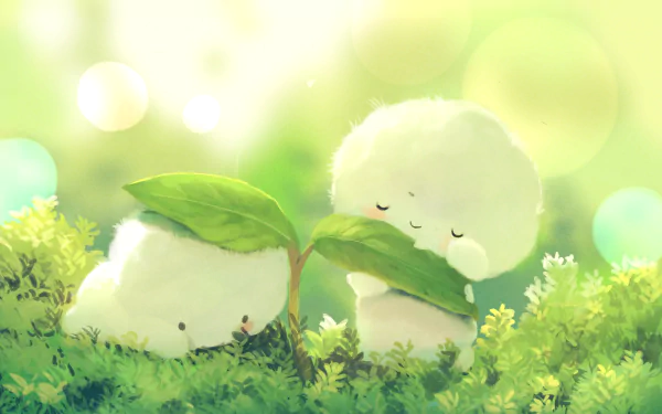 HD desktop wallpaper featuring two cute, fluffy fantasy creatures with leaf accents, set in a bright, sunlit meadow.