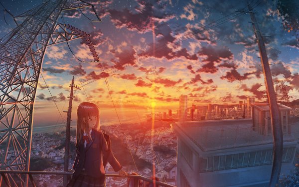 Anime Original City Sunset Starry Sky HD Wallpaper | Background Image