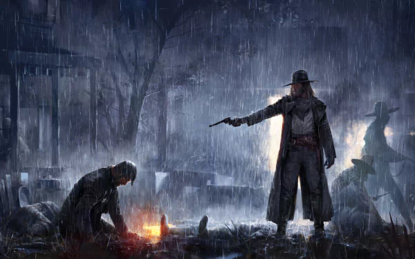 HD PC wallpaper: rain-soaked western fantasy scene — cloaked warrior gunslinger points pistol at a kneeling foe by a small fire, riders' silhouettes looming in the storm.