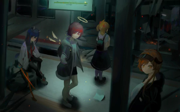 HD PC wallpaper of Arknights characters Exusiai, Texas, Sora, and Croissant gathered in a moody, dimly lit futuristic corridor with haloed light and scattered debris.