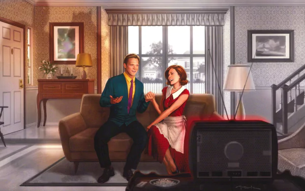 HD desktop wallpaper featuring Scarlet Witch (Wanda Maximoff) and Vision from the Marvel Comics TV show WandaVision, set in a retro living room scene.