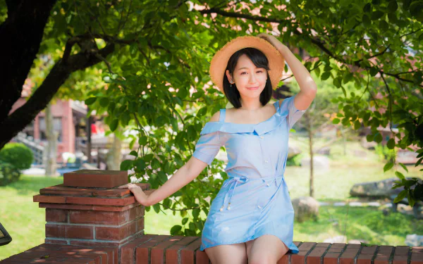 blue dress black hair depth of field hat model woman asian HD Desktop Wallpaper | Background Image