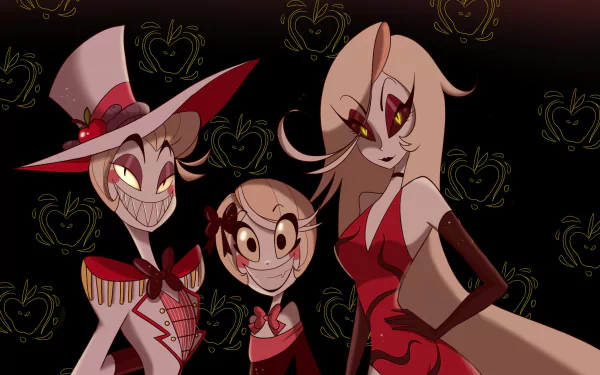 HD PC desktop wallpaper featuring characters from the TV show Hazbin Hotel with a dark, stylish background adorned with subtle heart designs.