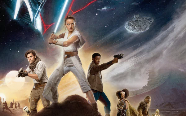 2K Quad HD PC desktop wallpaper of Rey, Finn, Poe Dameron, Chewbacca and the Millennium Falcon from Star Wars: The Rise of Skywalker, heroes posed against a starlit sky.