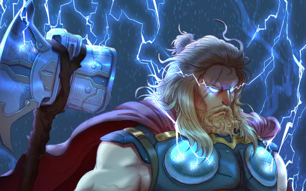 4K UHD comic-style PC wallpaper: Thor with glowing eyes and flowing hair, armored torso and red cape, Mjolnir raised as blue lightning crackles around him.