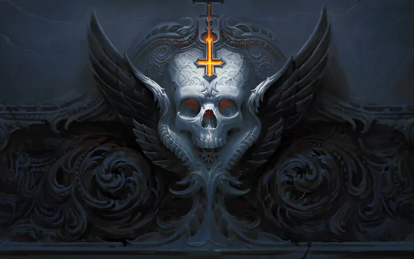 Dark, detailed 4K Ultra HD PC desktop wallpaper featuring a winged skull with an illuminated cross embedded in its forehead against an ornate, shadowy background.