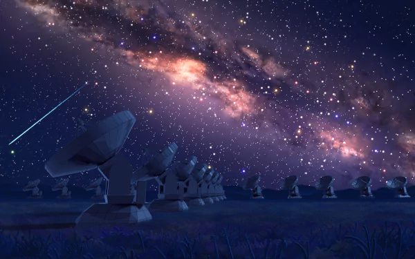 Anime-style HD night sky wallpaper featuring a starry sky with a shooting star above a row of satellite dishes under the Milky Way.