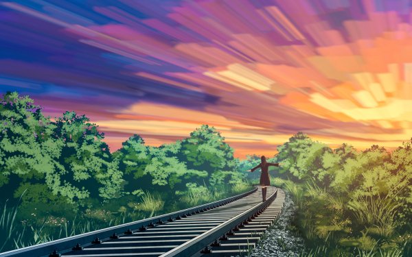 Anime Railroad Sunset HD Wallpaper | Background Image