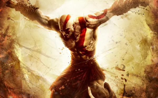 HD PC desktop wallpaper featuring Kratos from the God of War video game, depicted in a dynamic, intense pose with a gritty, battle-worn atmosphere.