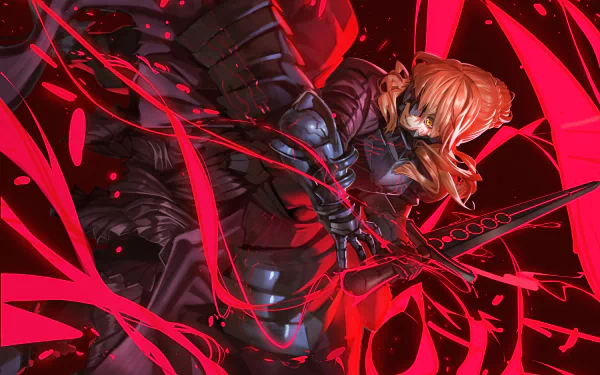 Saber Alter from Fate/Grand Order in dark armor, wielding a sword amid red energy swirls, rendered as a vibrant 4K Ultra HD anime PC desktop wallpaper.