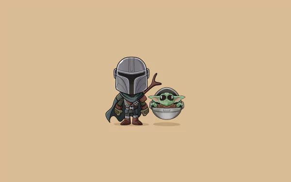 Minimalist 4K Ultra HD wallpaper featuring The Mandalorian and Baby Yoda from the Star Wars TV show The Mandalorian on a plain beige background.