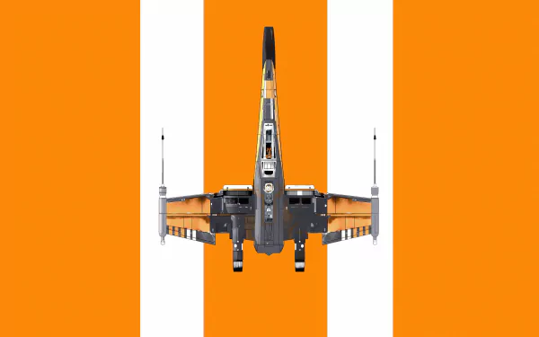 Minimalist 4K Ultra HD PC wallpaper featuring a detailed X-Wing spaceship from Star Wars against a bold orange and white background.