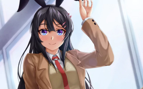 HD PC desktop wallpaper featuring Mai Sakurajima from the anime Rascal Does Not Dream of Bunny Girl Senpai, showcasing her in a school uniform with bunny ears.