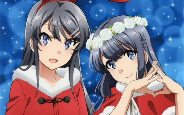 HD anime desktop wallpaper featuring Shoko Makinohara and Mai Sakurajima from Rascal Does Not Dream of Bunny Girl Senpai, dressed in festive red outfits with a starry blue background.