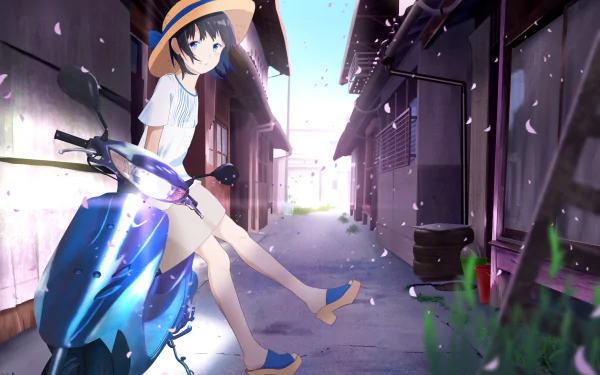 alley cherry blossom scooter Anime Original HD Desktop Wallpaper | Background Image